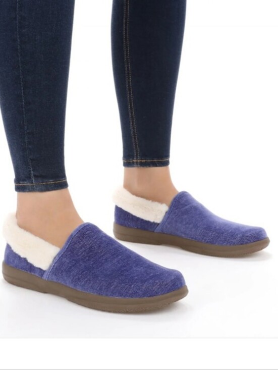 Vionic Shoes - Vionic Clare cozy denin navy blue plush faux fur lined slip on slippers